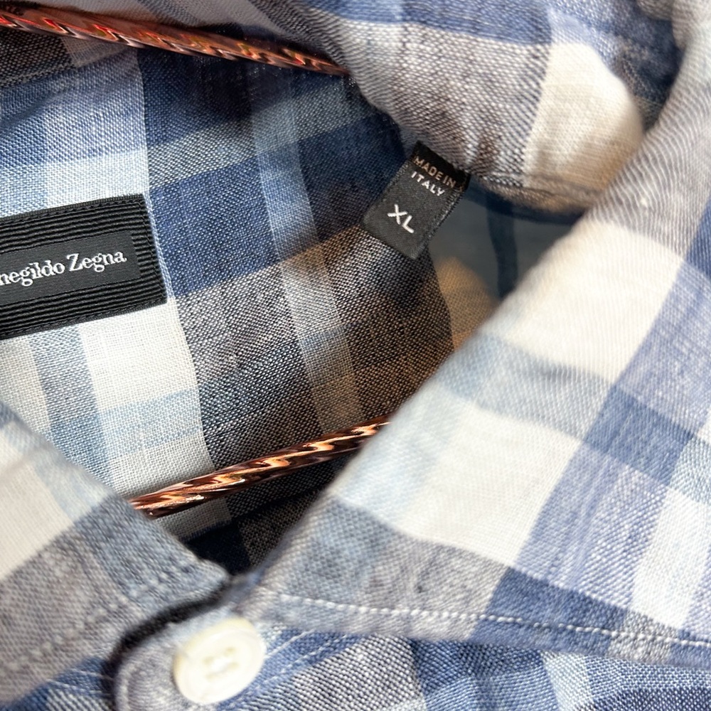 Ermenegildo Zegna Linen Blue Checkered Plaid Shirt - Picture 5 of 8